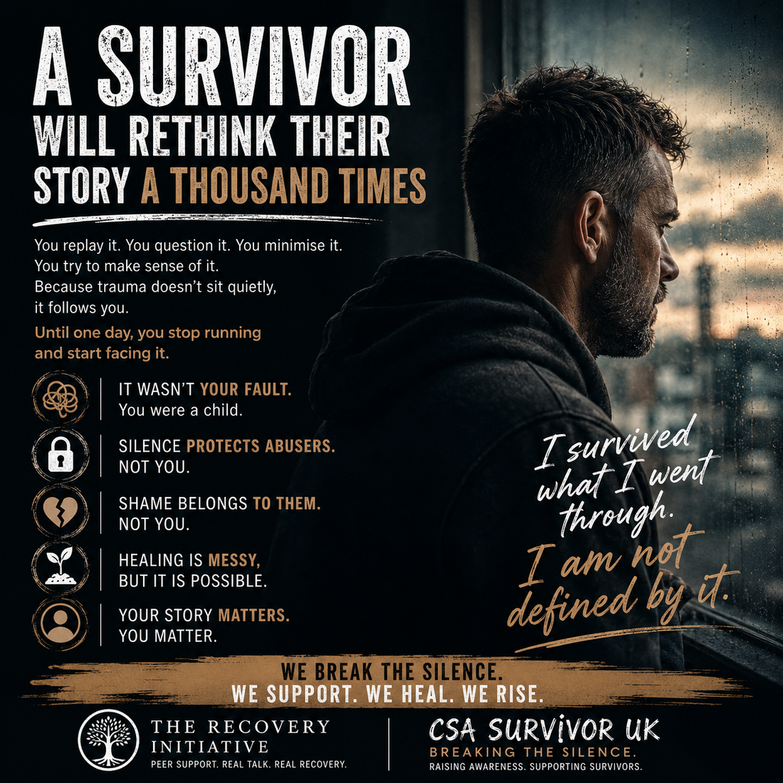 A dark, emotional awareness graphic showing a man sitting alone