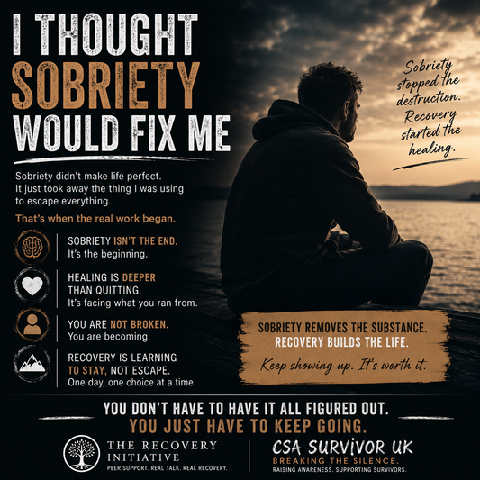 Man sitting alone by the water reflecting on recovery and trauma with text about sobriety, healing and rebuilding life after addiction.