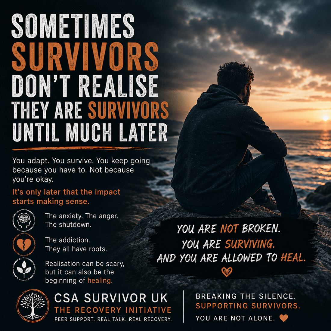Dark square awareness graphic showing a man sitting alone by the sea at sunset with text about survivors not realising the impact of trauma until later in life.